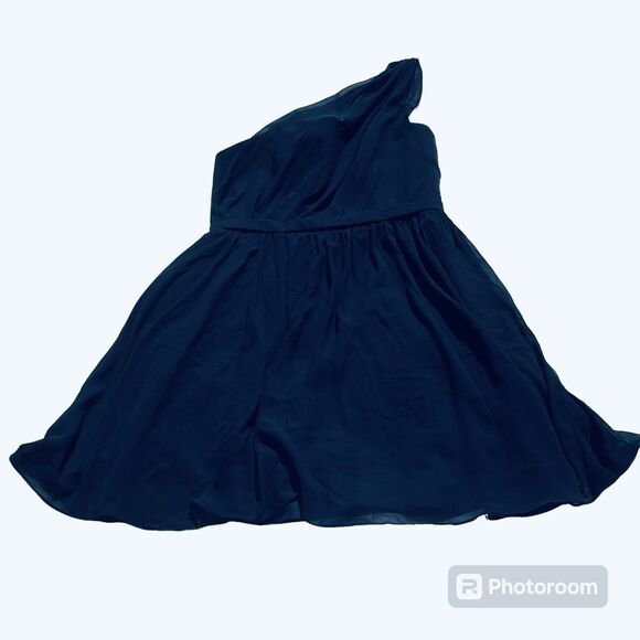Alfred Angelo Semi Formal Dress One Sheer Shoulder Navy Blue Knee Length Sz 16 - Picture 5 of 5